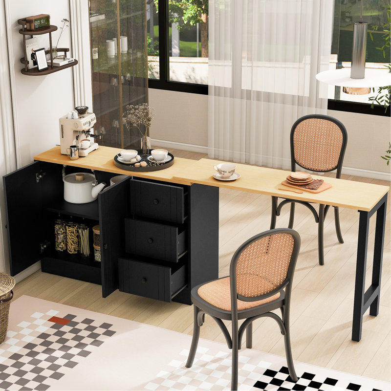 Buffet de 89,7 po avec 2 portes et 3 tiroirs, table coulissante pour manger dans différentes pièces, table de soutien stable au sol en bois à finition lisse, rangement multifonctionnel, tiroir à tablette réglable
