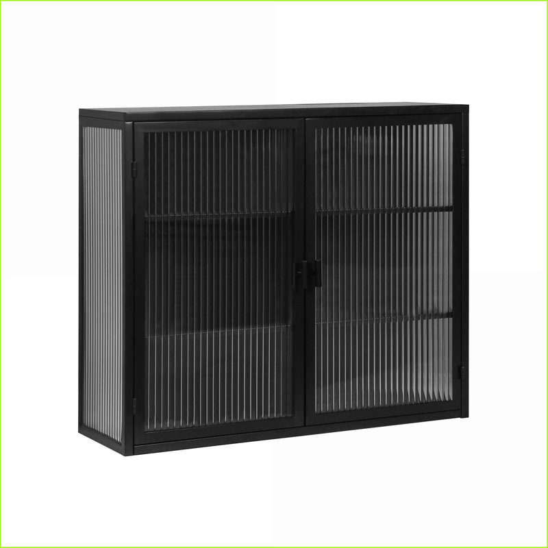Wall Cabinet | Modern Two-Door Three-Tier Storage | Iron + Tempered Glass | Black | 27.56”L x 9.06”W x 23.62”H | Durable Metal | Fluted Glass
