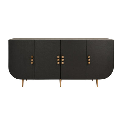 Four Door Buffet With Curved Bottom Corners And Stone Hardware In Black Painted Grasscloth