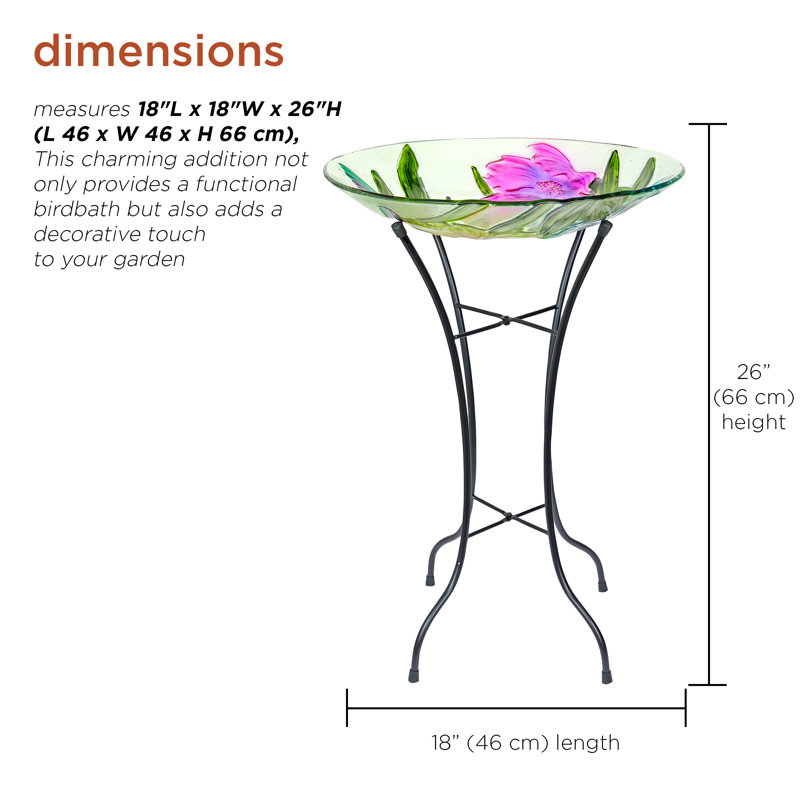 Colorful Glass Birdbath with Metal Stand, 18"