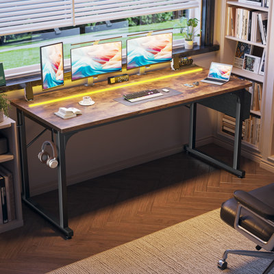 Bureau d'ordinateur à domicile avec lumières DEL pour petits espaces, bureau d'écriture avec sac de rangement et crochet pour casque d'écoute