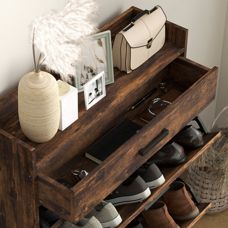 Narrow Shoe Cabinet With 2 Flip Doors And Top Drawer, Rustic Brown