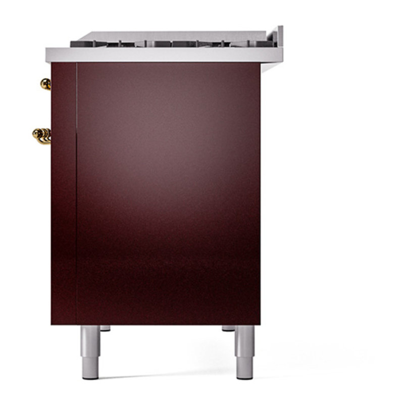 ILVE Nostalgie II Series 48 in. Dual Fuel Range with 8 Sealed Burners, Griddle (Liquid Propane, Solid Door), Burgundy/Brass