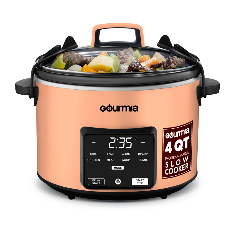 Gourmia 4.5 Quart  Digital Slow Cooker With Led Display, 5 Presets, And Locking Lid, Peach, Peach