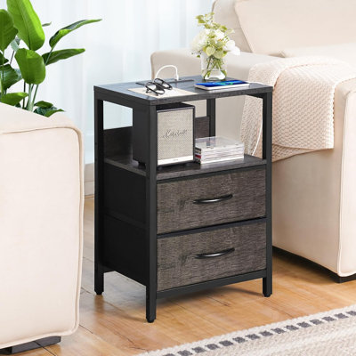 Nightstand With Charging Station - USB Ports & Outlets, Fabric Drawers, Shelf - Compact Bedside Table