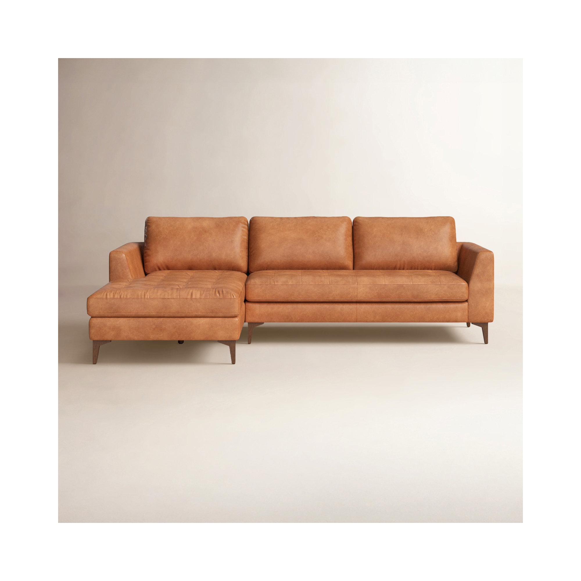 Full-Grain Genuine Italian Leather Sectional Sofa, Cognac Tan Genuine Leather, Walnut, Left Hand Facing