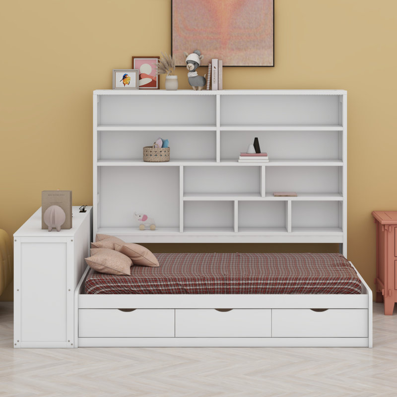 Lit de jour en bois avec trois tiroirs, bureau, tablettes et lumières, Blanc