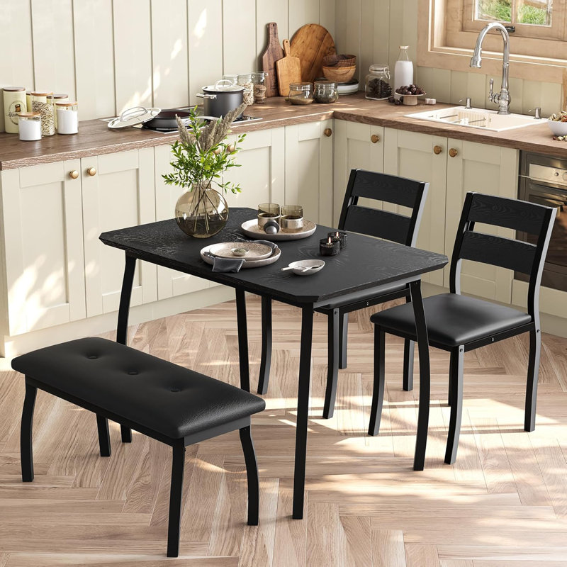 Ensemble de table de salle à manger avec banc pour 4, ensemble de table de cuisine 4 pièces, table avec 2 chaises et banc, ensemble de salle à manger avec cadre en métal noir pour petit espace