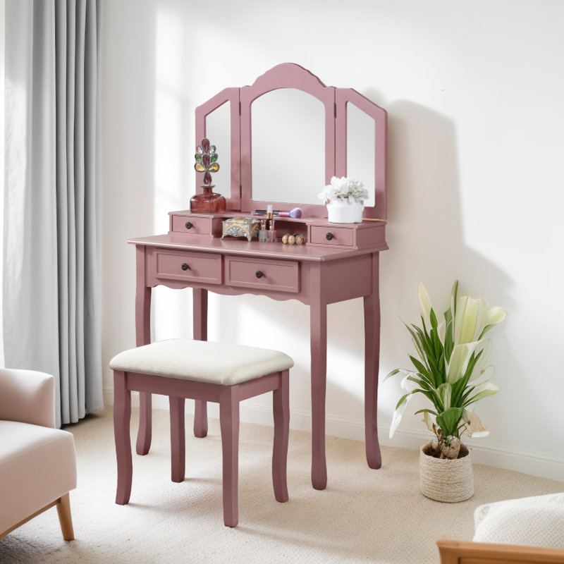 Meuble-lavabo en bois rose doré, tabouret rembourré épais et beaucoup de coiffeuse en bois avec miroir, plateau, Or rose