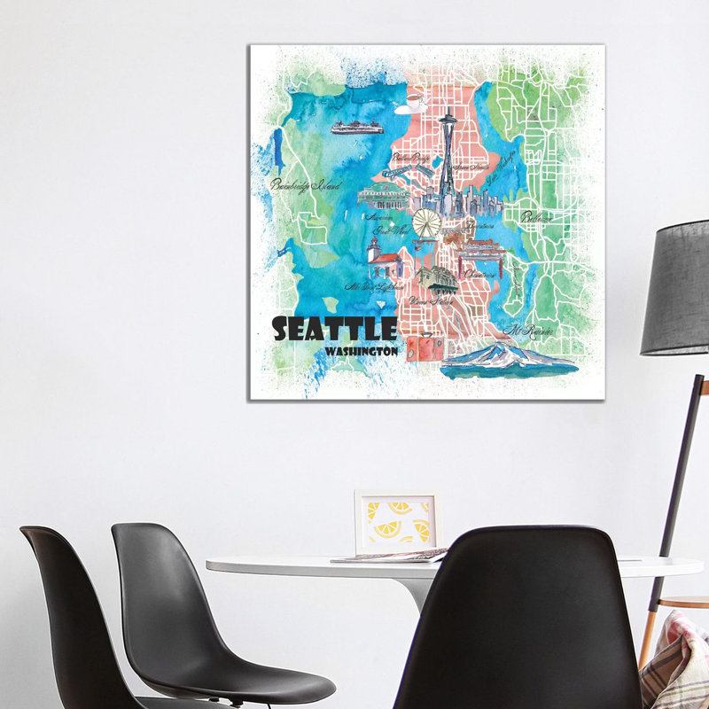 Seattle Washington Illustrated Map 1 Piece Painting on Canvas, 93.98cm H x 93.98cm W x 1.91cm D, Wrapped Canvas
