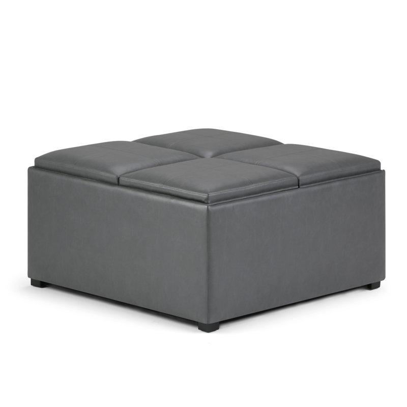 Avalon 35"W Upholstered Vegan Leather Modern Square Coffee Table Storage Ottoman with 4 Flip-Over Trays, Black