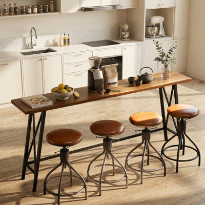 84" Industrial Bar Table Set with 4 Adjustable Swivel Bar Stools 