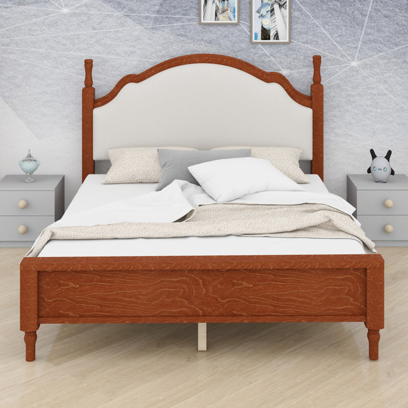 Lit plateforme avec tête de lit tapissier pour chambre à coucher, Cadre brun + tissu beige