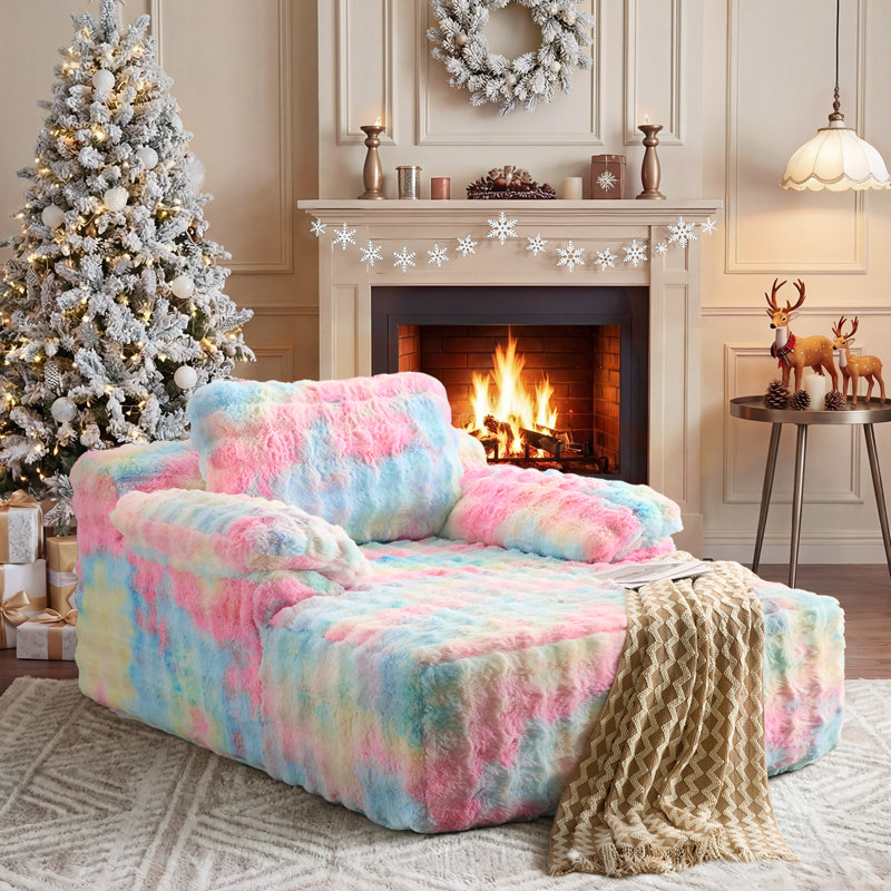 Boneless Velvet Oversized Chaise Lounge Sleeper Sofa, Rainbow