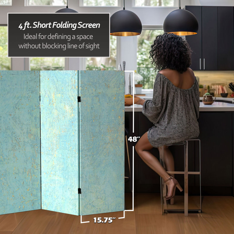 Wiens Turquoise Art Canvas Folding Screen, 4 ft