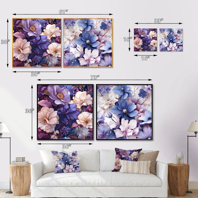 «Wonderland», fleurs mauves I, ensemble de 2 collages floraux carrés, Cadre flottant noir, H 16 po x l 33 po