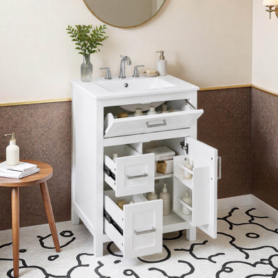 Meuble-lavabo simple autoportant de 24 pouces avec lavabo en céramique, 1 porte, tiroir rabattable et 2 tiroirs