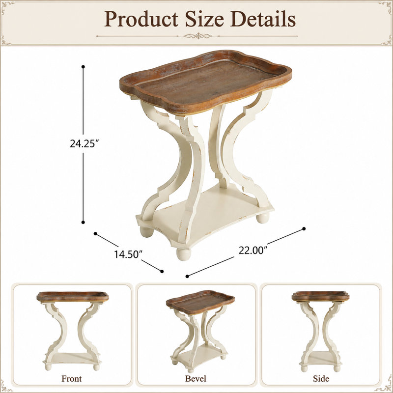 Elegant French Country Style Accent End Table with Hourglass Base and Lipped Rectangular Tabletop, Sturdy Firwood Construction, Functional Decorative Side Table