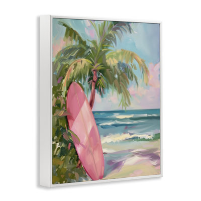 Planche de surf rose sur la plage, estampe numérique, design par Arlington Prints
