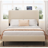 Full Size Beige Metal Platform Bed - Modern Design with Integrated Charging Station | Noise-Free Structure, No Box Spring Required, Sturdy & Stylish