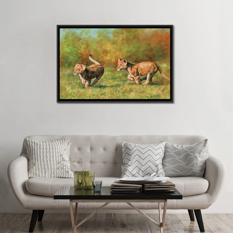 « lion oursons running », impression sur toile, H 18 po x l 26 po x P 1,5 po, Toile avec cadre noir, Pas de tapis