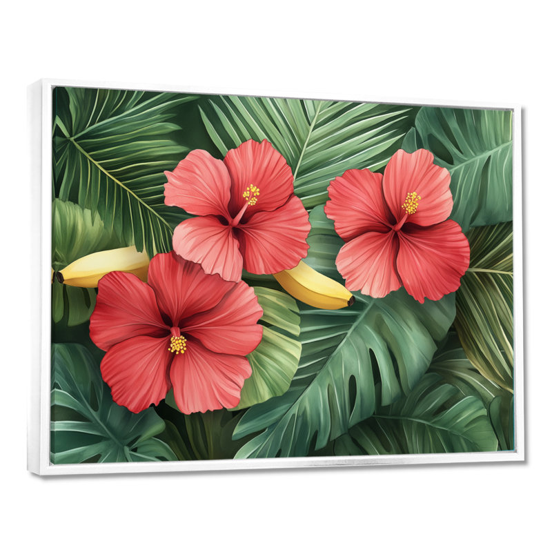 Art mural hibiscus, toile fleur tropicale, Prou, H 24 po x l 32 po, Cadre flottant blanc