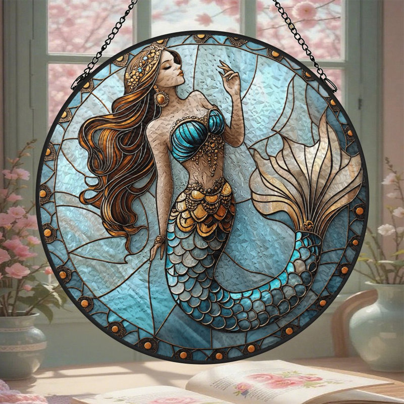 Mermaid, vitrail, vitrail, panneaux de verre pour décoration de fenêtre, 9,8 x 9,8 po (25 x 25 cm)