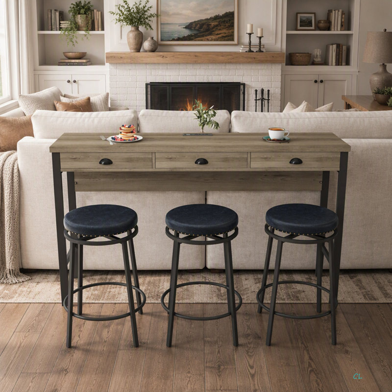 3-Drawer Long Dining Table Set With Power Outlets, Bar Kitchen Table Set With Circular PU Stools, Easy Assemble, Brown Gray Table+Black Stool