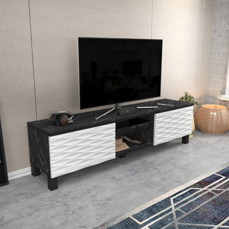 Meuble télé moderne avec finition en marbre, noir et blanc, 59,1 po x 13,8 po x 15,9 po | 100% panneau de particules enduit de mélamine, épaisseur: 0,7 pouce | Conception élégante et fonctionnelle pour le salon et les espaces de divertissement