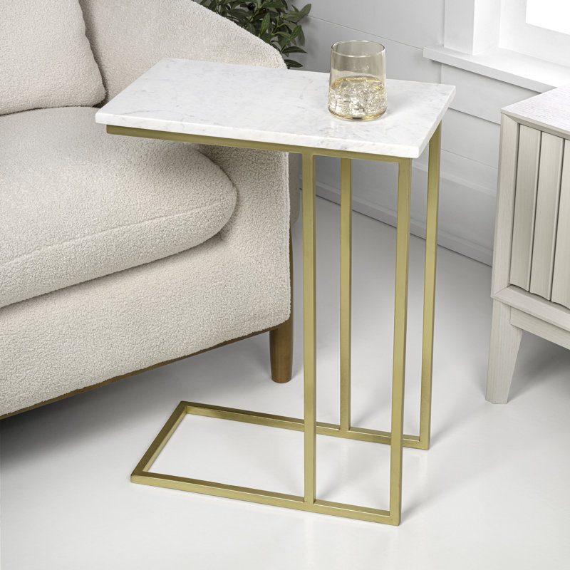 Caius 24.25" Modern White Marble Top C-Shaped End Table with Matte Gold Metal Base, Fully Assembled Slide Under Sofa Drink Table