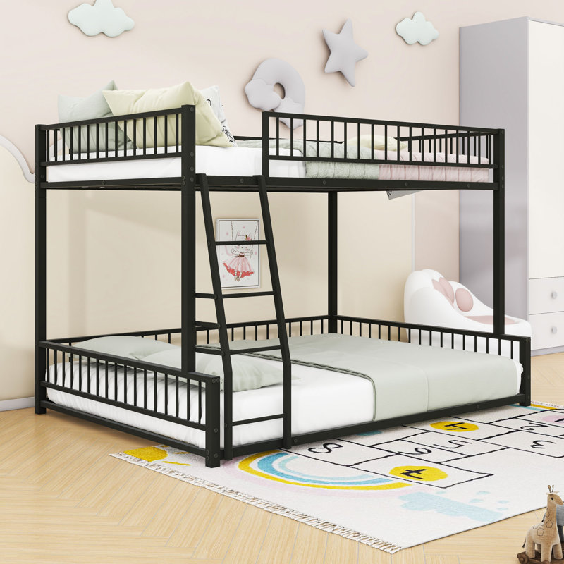 Heavy Duty Metal Bunk Bed Frame With Safety Guardrails And Ladder, Black, Full XL Over Queen
