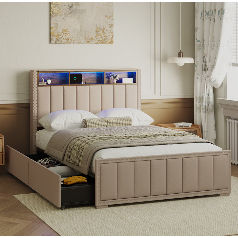 Upholstered Platform Bed Frame with Charging Station, 4 Drawers & LED Lights – Heavy Duty, No Box Spring Needed, Full