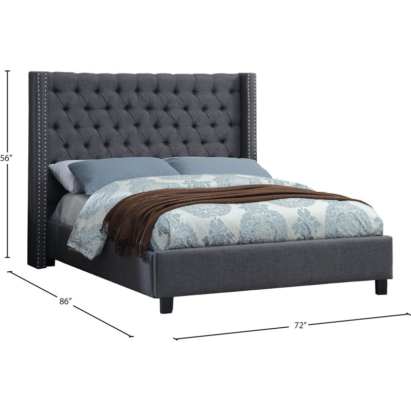 Ashton Tufted Upholstered Low Profile Platform Bed, Queen, Grey Linen Textured Fabric