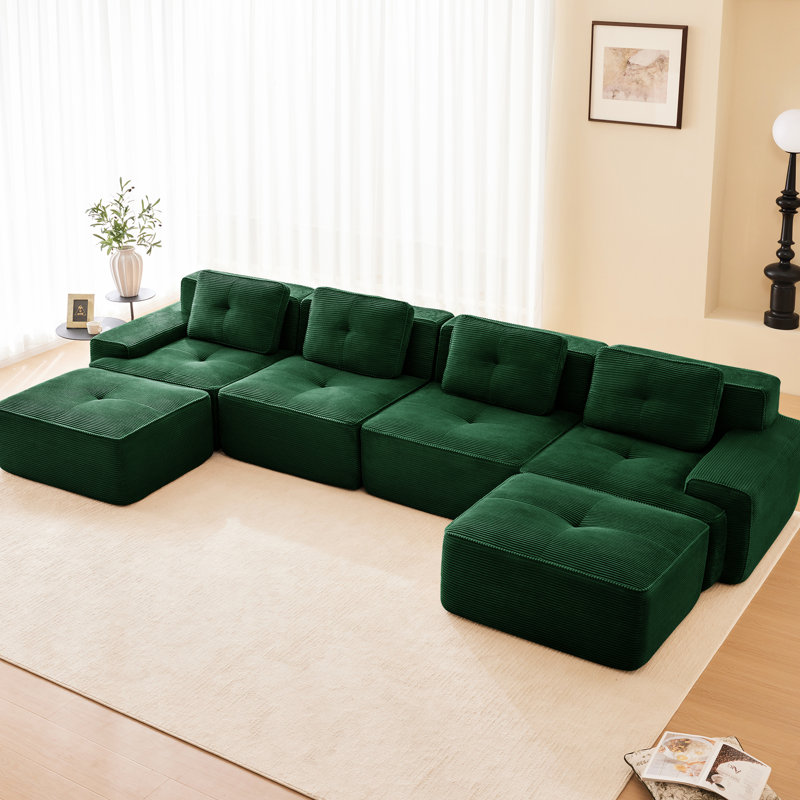 Canapé modulaire en velours côtelé de 153 po en forme de U de 153 po avec base courbée et antidérapante 2 pièces, sans assemblage, conception ergonomique, passepoil perlé