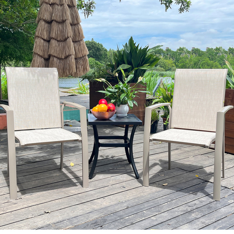 Weather Cream Color Metal Outdoor Patio Chairs Of 2 Ideal For Garden Stackable Breathable - 22.1"L X 25.2"W 36"H 400 Lbs Capacity Dining Porch