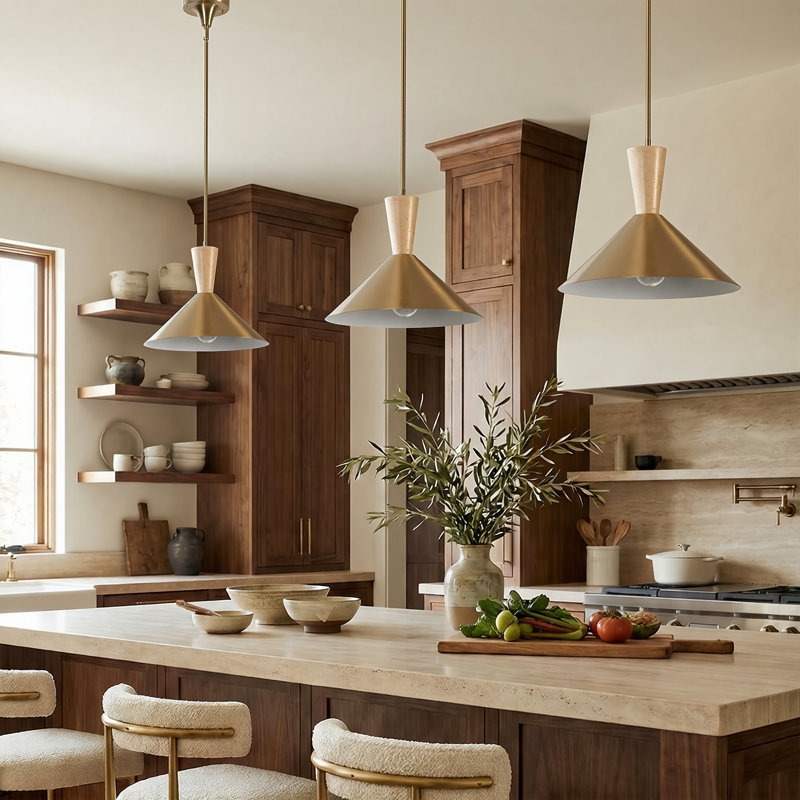 Luminaire suspendu conique moderne en métal à 1 lumière l 14 po Travertine pour îlot de cuisine ou salle à manger