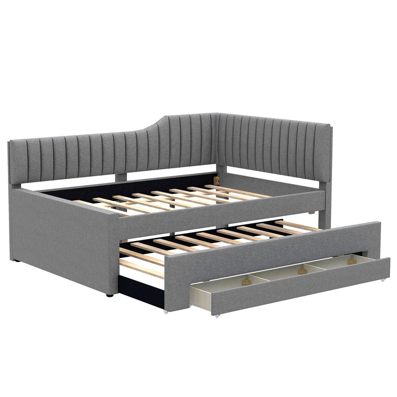 Upholstered Daybed With Trundle And 3 Drawers, Gray, Full/Double