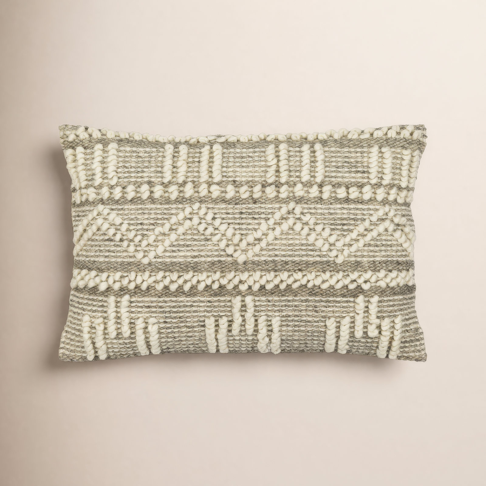 Doralia Embroidered Wool Lumbar Throw Pillow, Taupe, Polyester/Polyfill