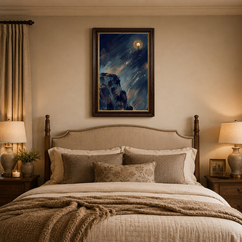 Art mural sur toile phare et falaises rocheuses en bleu et or, 18"H x 12"W