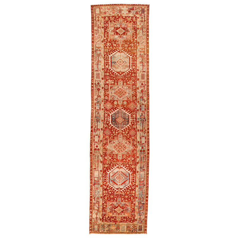 Tapis unique rouge des années 1990 de 3 pi 7 po x 14 pi 2 po
