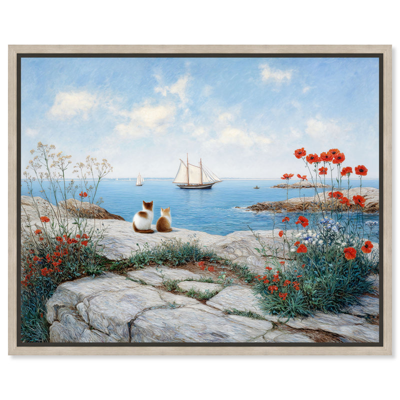 «Cats Coastal View», impression sur toile encadrée par Art Remedy, cadre en chêne naturel, 36 x 30, H 37 po x l 31 po
