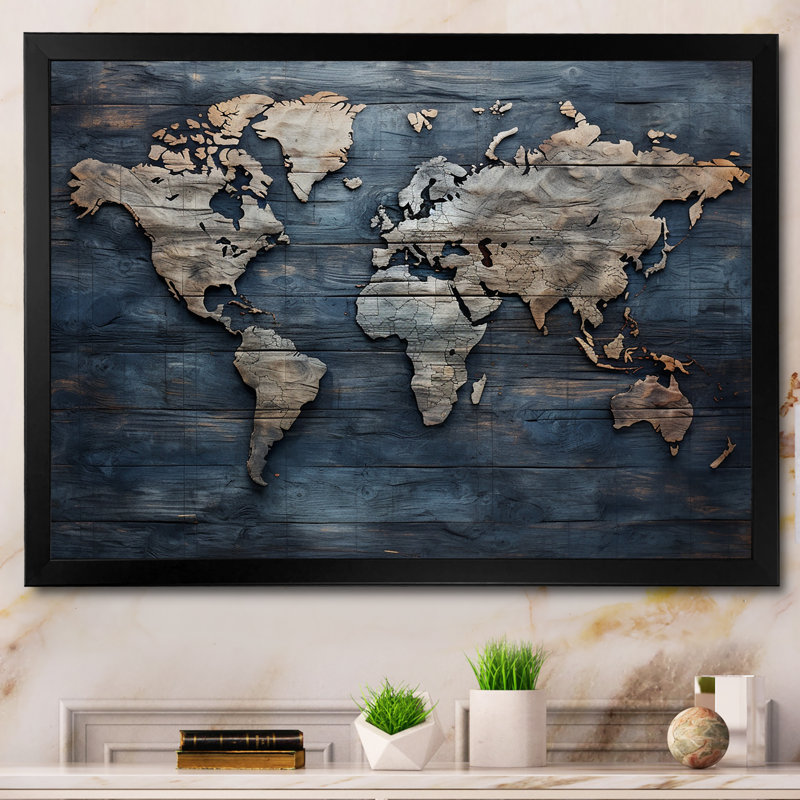 Carte du monde rustique, H 16 po x l 32 po x P 1 po, Cadre simple noir