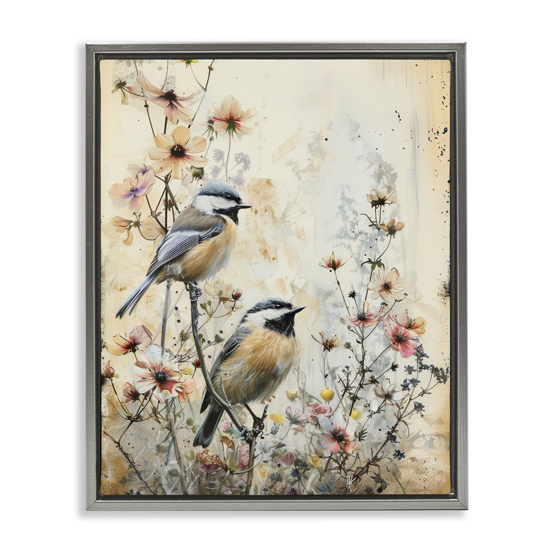 Sparrows perché sur un cadre flottant à motif floral, design par Arlington Prints, H 21 po x l 17 po