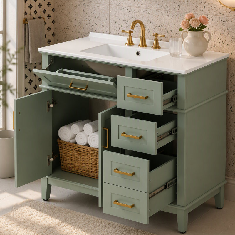 Ce meuble-lavabo moderne de 36 po avec lavabo en céramique, porte à fermeture en douceur et 4 tiroirs de rangement offre un look raffiné avec une fonctionnalité pratique au quotidien.