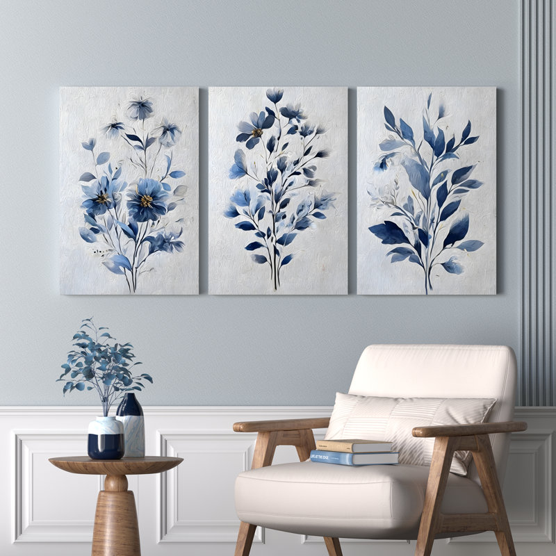 Toile murale encadrée à motif floral botanique bleu (lot de 3), H 18 po x l 36 po