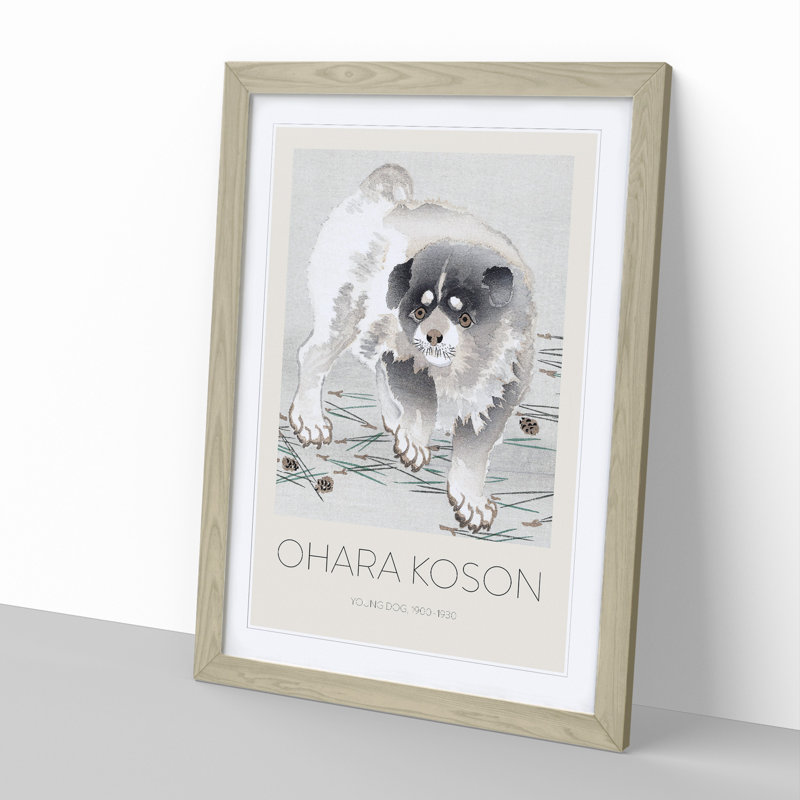Young Dog Print by Ohara Koson - Picture Frame Painting, 48cm H x 36cm W x 2cm D, Oak