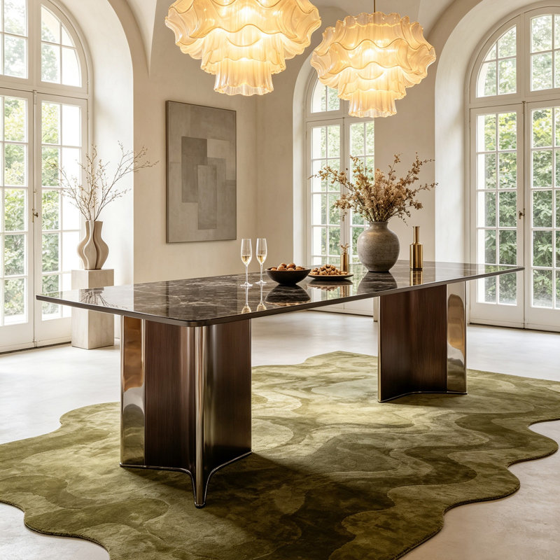 Modern rectangular sintered stone dining table with L-shaped legs, suitable for 6–8 people, 29.9" H x 71" W x 35.4" D