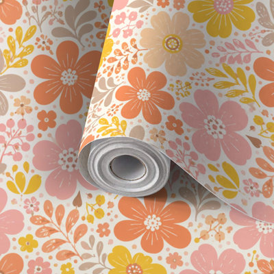 Papier de contact à peler et coller avec papier peint rétro sans couture rétro 70 s 60 s rose orange idéal pour le tissu Auto-adhésif et amovible 24 po x 118 po (60 x 300 cm)