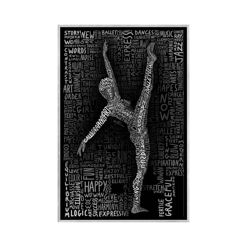 Reproduction d’art textuel « Dancer » par Ben Heine, H 26 po x l 18 po x 1,5 po, Toile avec cadre argenté, Pas de tapis
