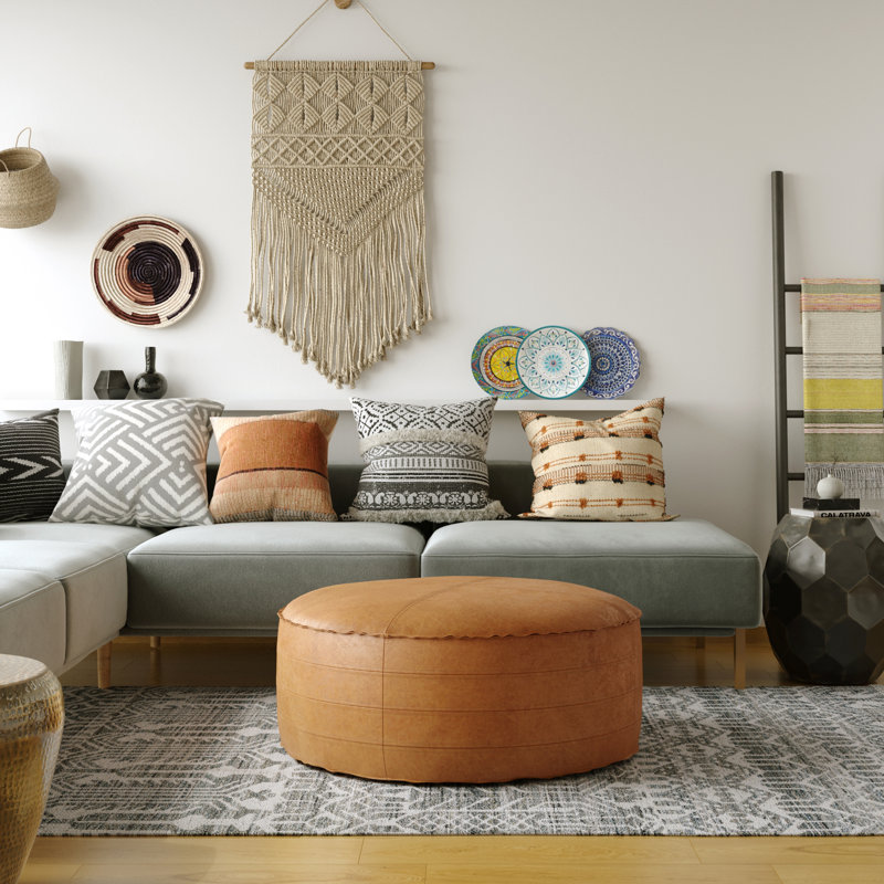 Brody 32"W Upholstered Vegan Leather Boho Round Coffee Table Pouf with Polystyrene Filling, Distressed Brown Faux Leather